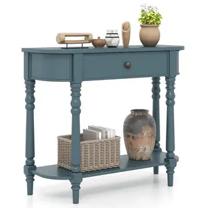 COSTWAY - Retro Console Table36"L Wooden 2-Tier Narrow Behind Couch Foyer Table-Blue