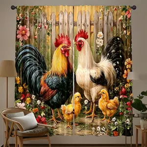 2-Piece set, farmhouse style curtains -, red/blue/white/green/orange rustic cock with floral pattern curtains, rustic vintage style, bohemian style, semi-transparent polyester for living room bedroom kitchen home, privacy sunshade, Room Decor Curtain