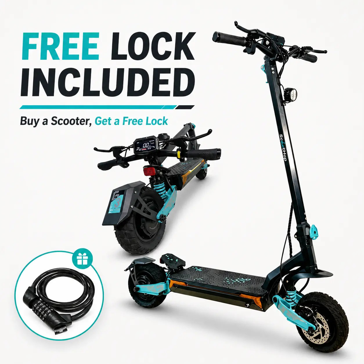 Includes a free lock on the G3/G3Pro electric scooter - 40-mile range, G3Pro 2400W dual-motor high-speed lightweight folding scooter, top speed 35 mph, 10-inch all-terrain tires, front and rear shock absorbers, LED display, dual-motor scooter.