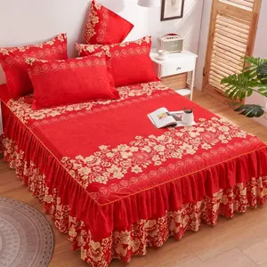 3pcs Ditsy Floral Pattern Macrame Bed Skirt & Mattress Protector Bedroom Bedding Set, Non-Slip, Non-Fading, Machine Washable Decorative Bedsheet Set