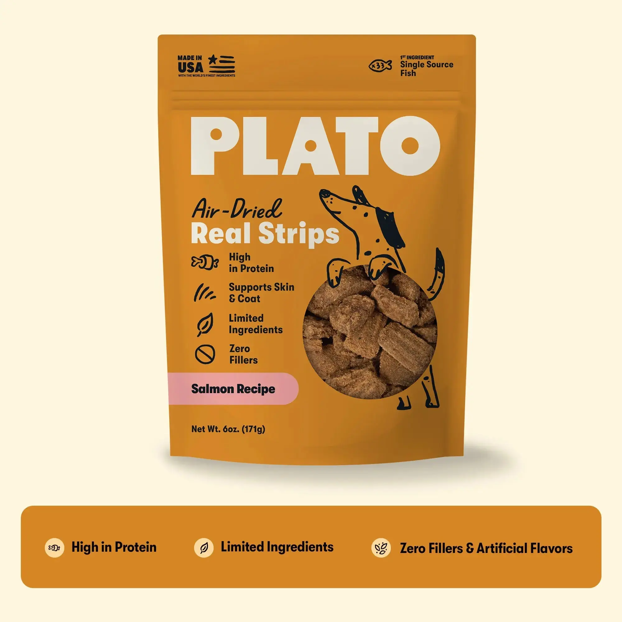Plato Natural Salmon Strips Premium Salmon-Flavored Soft Dog Treats, High-Protein Formula for Healthy Coat and Skin Support, Salmon-Flavored Soft Treats