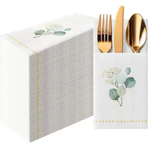 PAW - Linen Feel Napkins with Built-in Flatware Pocket, Airlaid Paper Pre-Folded Napkins for Silverware, Wedding Party, Dinner, Birthday, Gatherings, Golden Eucalyptus Design, 50 Count