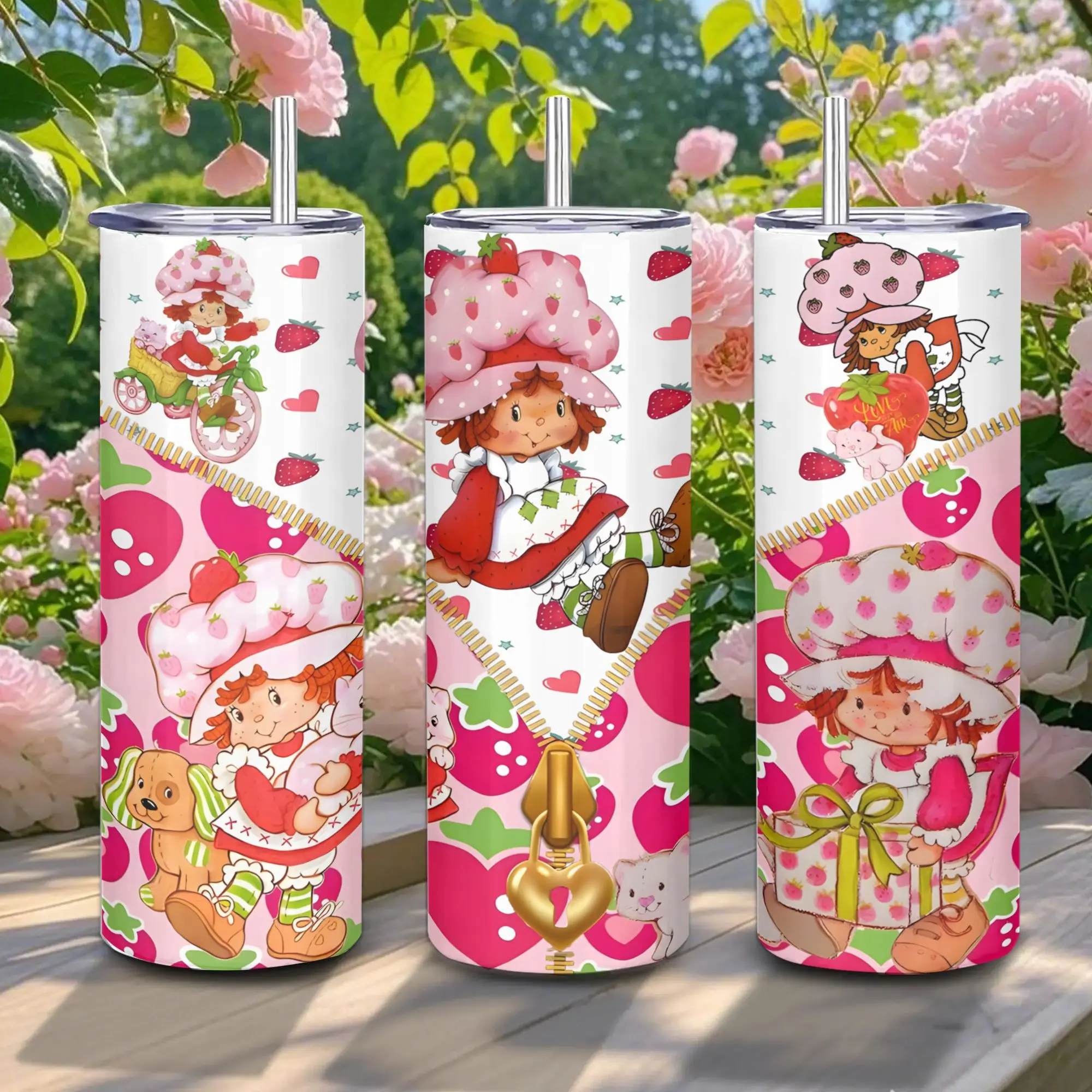 20oz Stainless Steel Tumbler, 1 Count Strawberry Shortcake Pattern Insulated Water Bottle, Stainless Steel Thermos, Stainless Steel Flask, Drinking Cup for Home Office School, Boyfriend Gift, Drinkware, Summer Cool Bottle