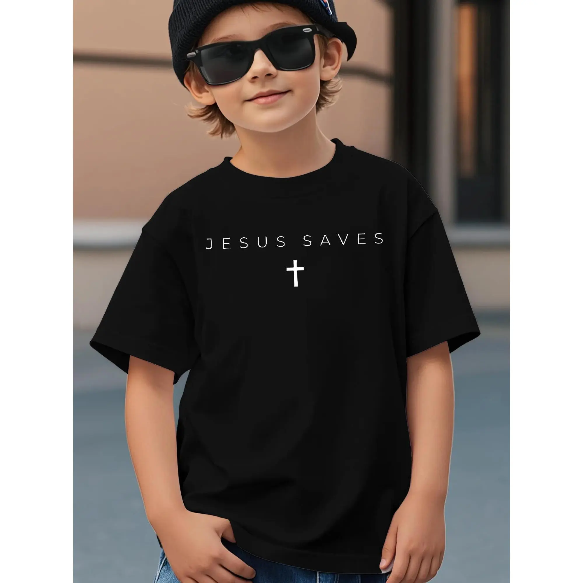 Kids' Classic Cotton T-Shirt - Minimal 'Jesus Saves' Christian Faith Graphic Print, Fitted Crewneck Short Sleeve Top for Easy Daily Wear, Cotton Fabric Tee, Crewneck Shortsleeve Tee, Classic T-Shirt For Easy Daily Wear, 3 - 4 Years