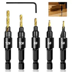 Fathers Day Gifts 5PCS Countersink Drill Bit Set, Professional Brocas para Madera - Adjustable Wooden Drill Bit Set, Used for Wood Countersink Drill Bit with Depth Stop Fathersdaygift