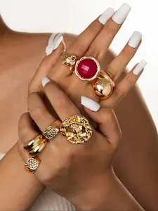 Exaggerated Geometric Pattern Imitation Ruby Rings Set for Women, Casual Daily Wear Jewelry, Stackable Ladies Rings Collection