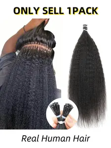 Kinky Straight Microlinks Hair Extensions Glueless Human Hair I Tip with Nano Ring, Natural 40-50g Set for Length & Volume