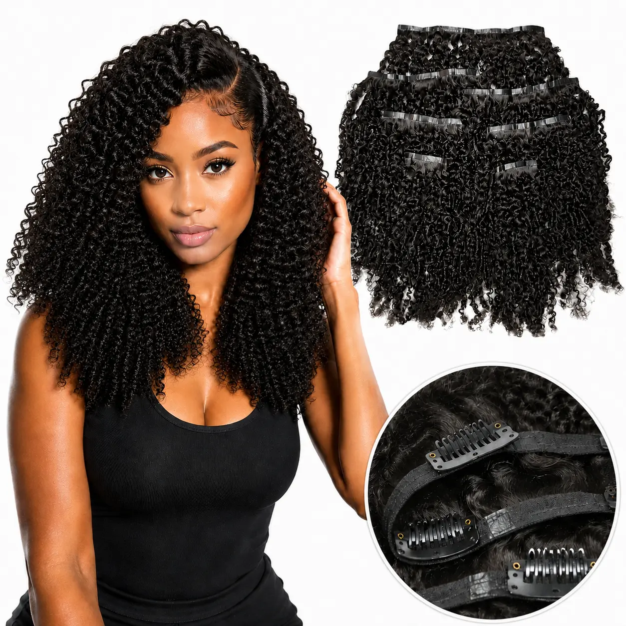 Kinky Curly Clip in Human Hair Extensions Glueless Seamless PU Clip ins Hair, 7pcs/Set Seamless 120g/1pack Soft Afro Style Full Head