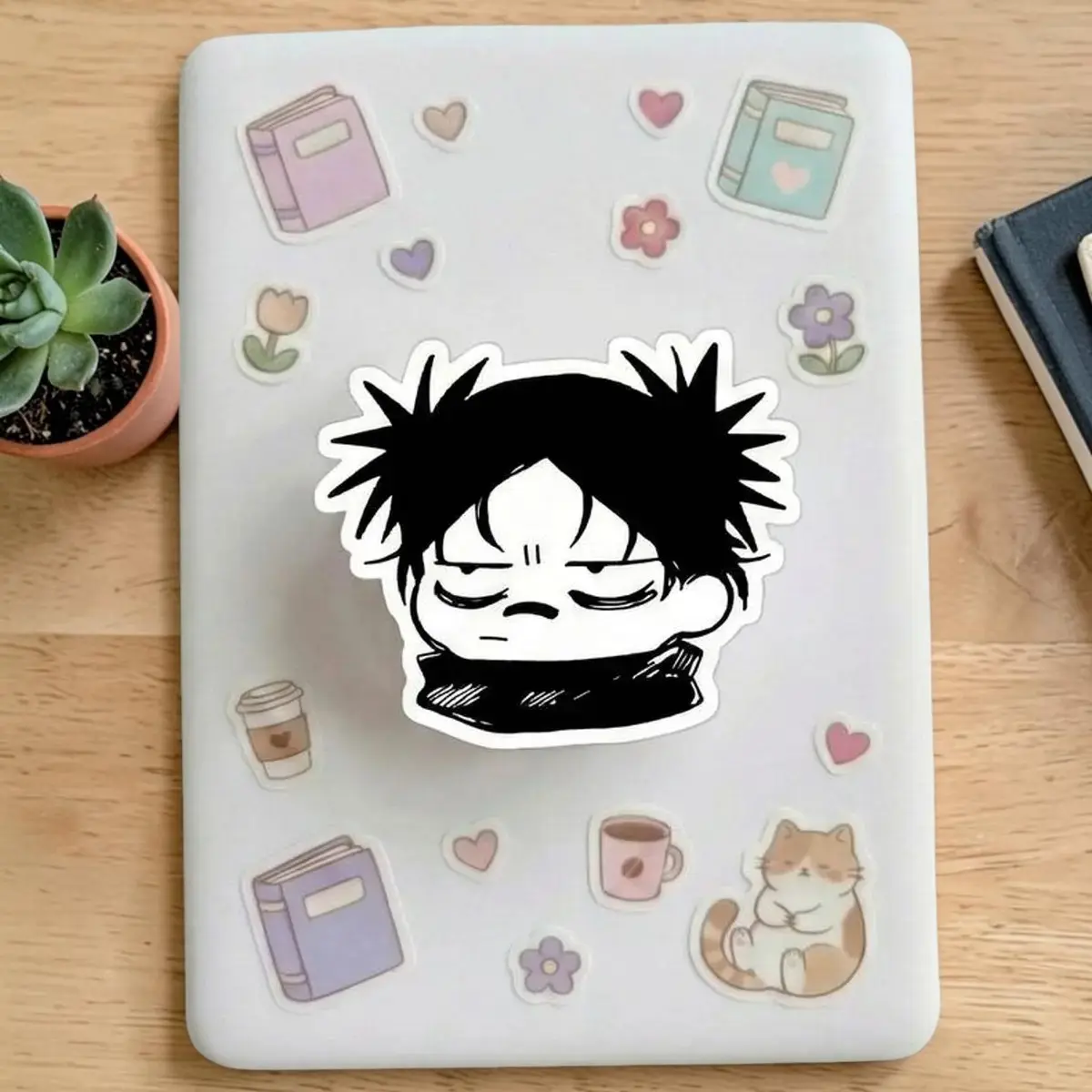 Magnetic Phone Grip JJK Grumpy Anime Boy Kindleholder – Tired Face Chibi Sorcerer Character, Relatable Mood Black Hair Grip, Magneticphonegrips for Students, Funny Bestie Gif
