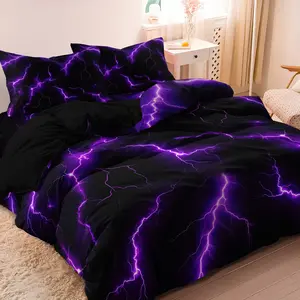 3pcs Purple Lightning Duvet Cover Set, Black Background Thunder Print Bedding Set, For Family Bedrooms Dormitories Hotels, Residential Quarters High Definition Printing,(1 Duvet Cover + 2 Pillowcases No Comforter No Pillow)