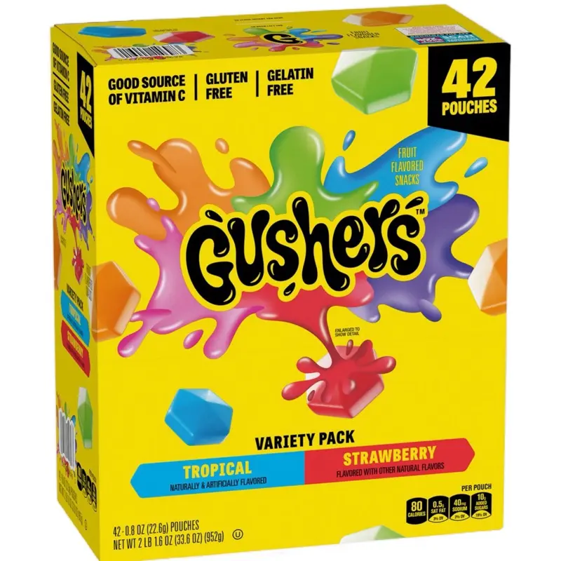 Gushers Strawberry & Tropical Variety Pack 0.8 oz - 42 Pouches of Fun and Colorful Treats, Good Source of Vitamin C, Gluten Free, Gelatin Free addict