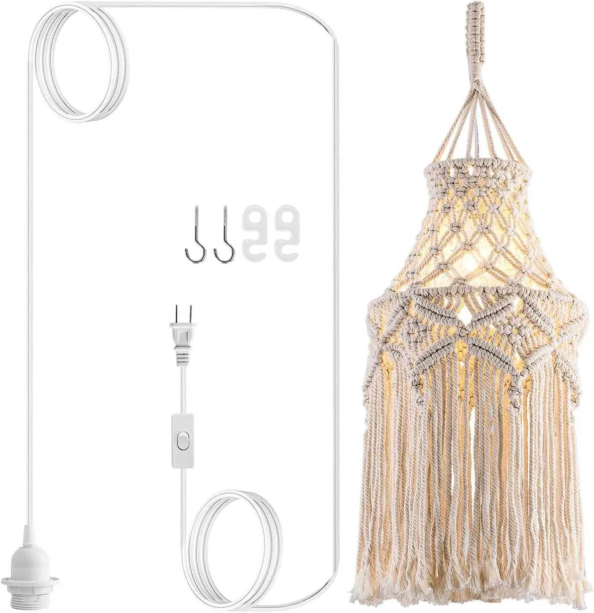 Boho Plug-in Pendant Light with Elegant Macrame Fabric Lamp Shade, Single Indoor Hanging Fixture with AC Power Supply Cord, Included Switch for Boho Room Decor, Bedroom, Living Room