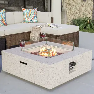 Square Outdoor Sandstone Propane Fire Pit w Wind Guard, Stainless Steel Burner, 35-inch, Free Lava Rocks and Rain Cover, Tank Outside, Metal Lid