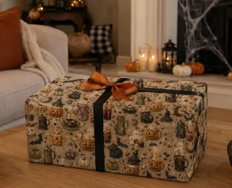 [25% OFF]  Halloween Coffee Wrapping Paper, Spooky Pumpkin Spice Gift Wrap, Ghost & Black Cat Pattern, Coffee Lover Halloween Gift