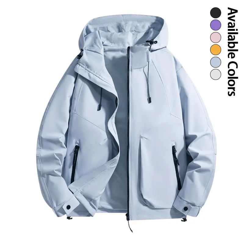 Unisex lightweight windproof raincoat with adjustable hood, drawstring, side zippered pockets, loose fit—casual hooded jacket for outdoor hiking and travel; available in multiple colors.
