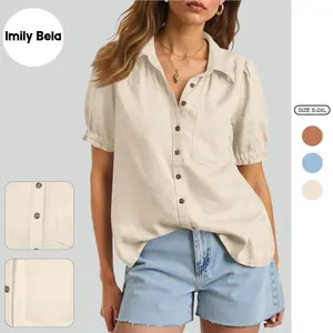 Imily Bela Womens Puff Short Sleeve Button Down Shirts Summer Casual Collared V Neck Blouse Linen Loose Fit Work Tops