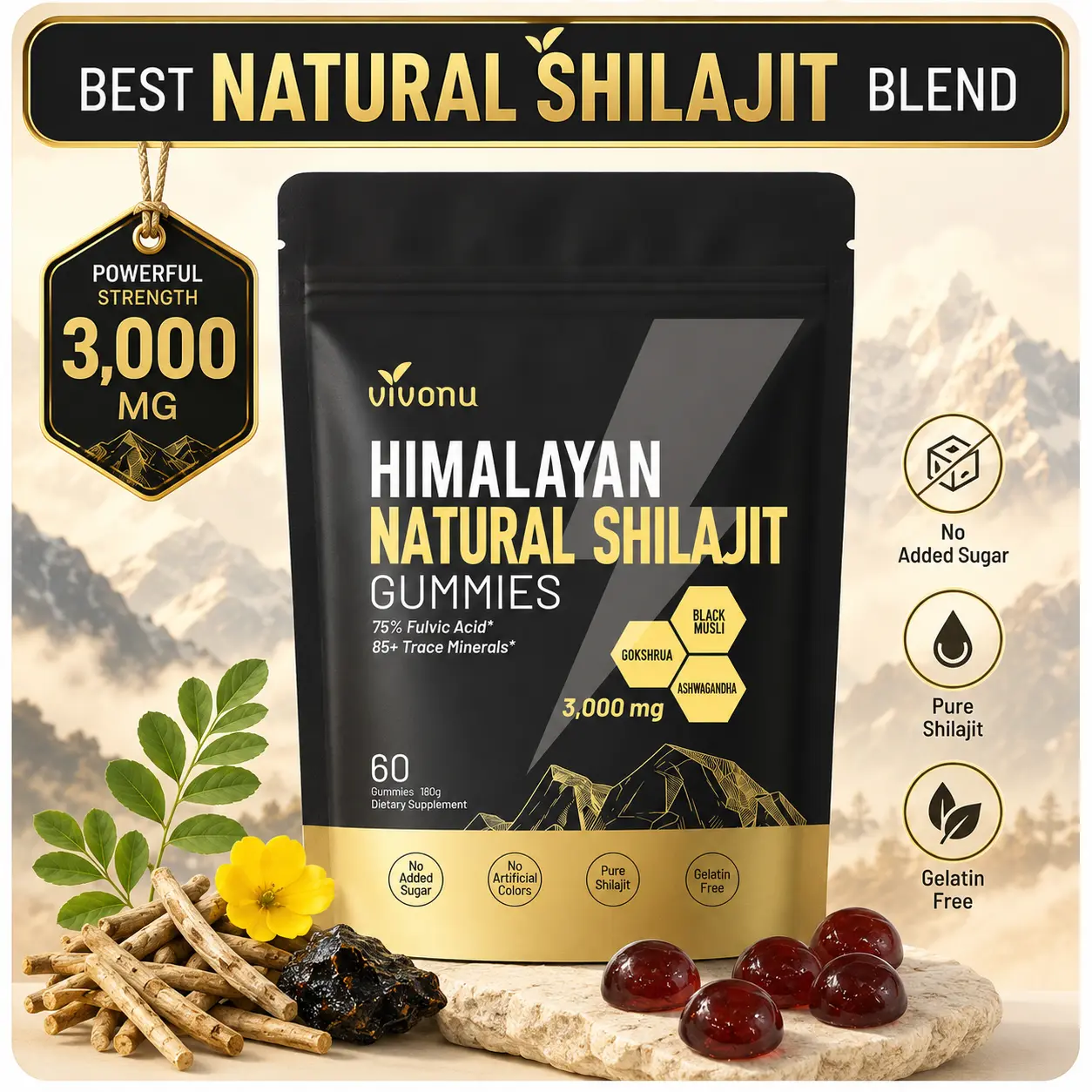 VivoNu Himalayan Shilajit Gummies | With Ashwagandha, Gokshura & other herbs | No added sugar | 60 Gummies SummerVibes