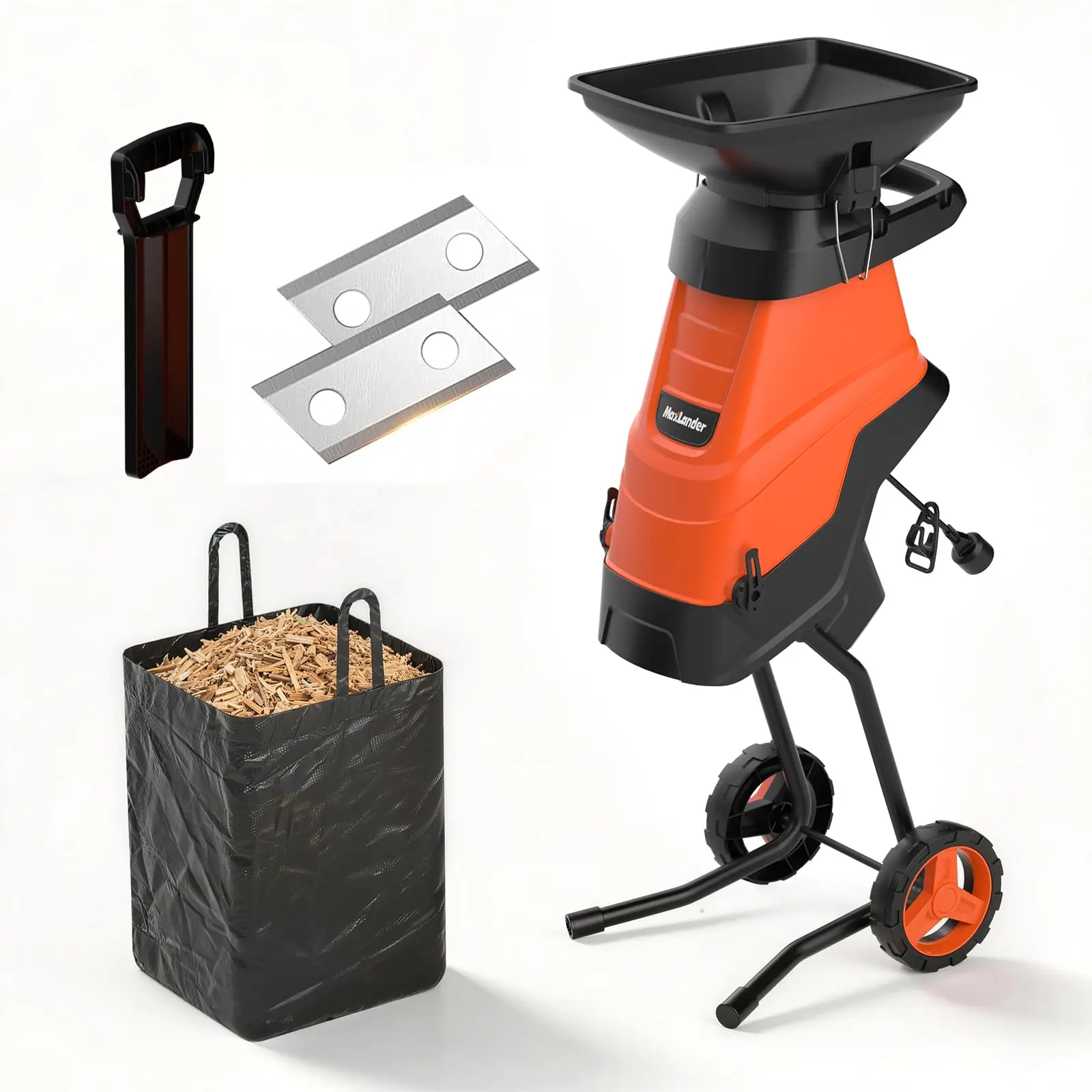 MAXLANDER 15-Amp Electric Wood Chipper & Shredder, 1.75-Inch / 1.78-Inch Cutting Capacity, Yard Waste Mulcher for Composting Branches & Twigs, Includes Collection Bag — Outdoor Power Tool Saws Blade, Homeowners