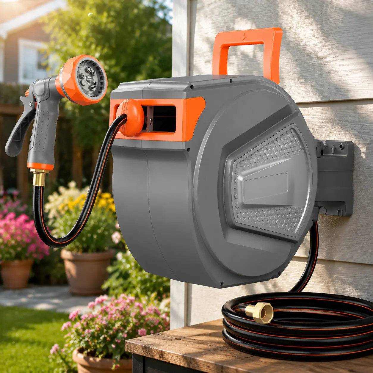 Retractable Garden Hose Reel, 1/2 in x 78 ft Hose-Wall-Mounted, Heavy-Duty With 9-Pattern Nozzle, Slow Rewind Any Length Lock, 180° Swivel for Garage & Outdoor Use,Durable Garden Hose,Retractable Water Hose