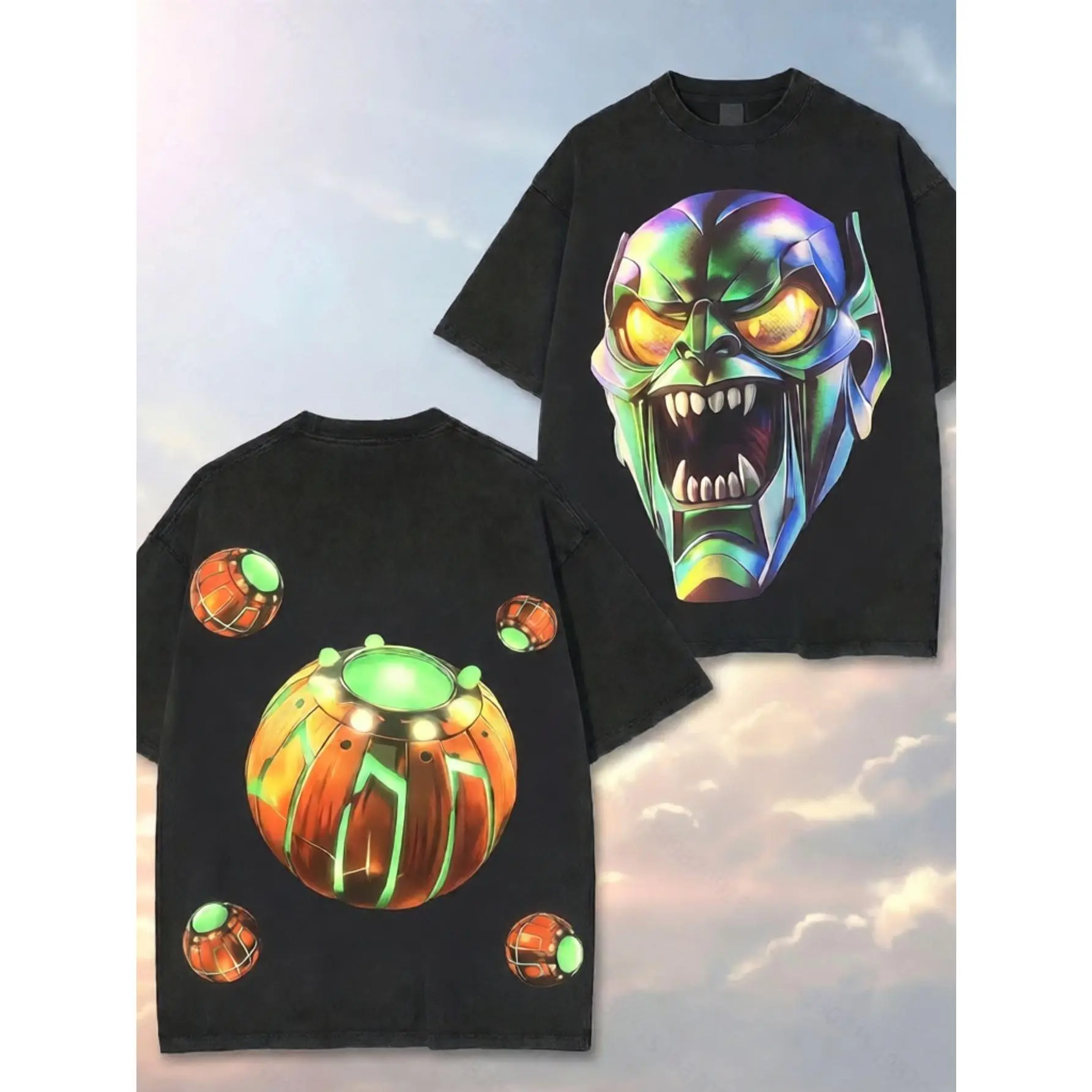 Menswear Short-Sleeve T-Shirt - Retro Washed Black, Oversized Loose Fit, Green Goblin Mask & Pumpkin Bombs Graphic Print, Unisex Casual Streetwear for Outdoor & Daily Wear, Shortsleeve, Tshirt