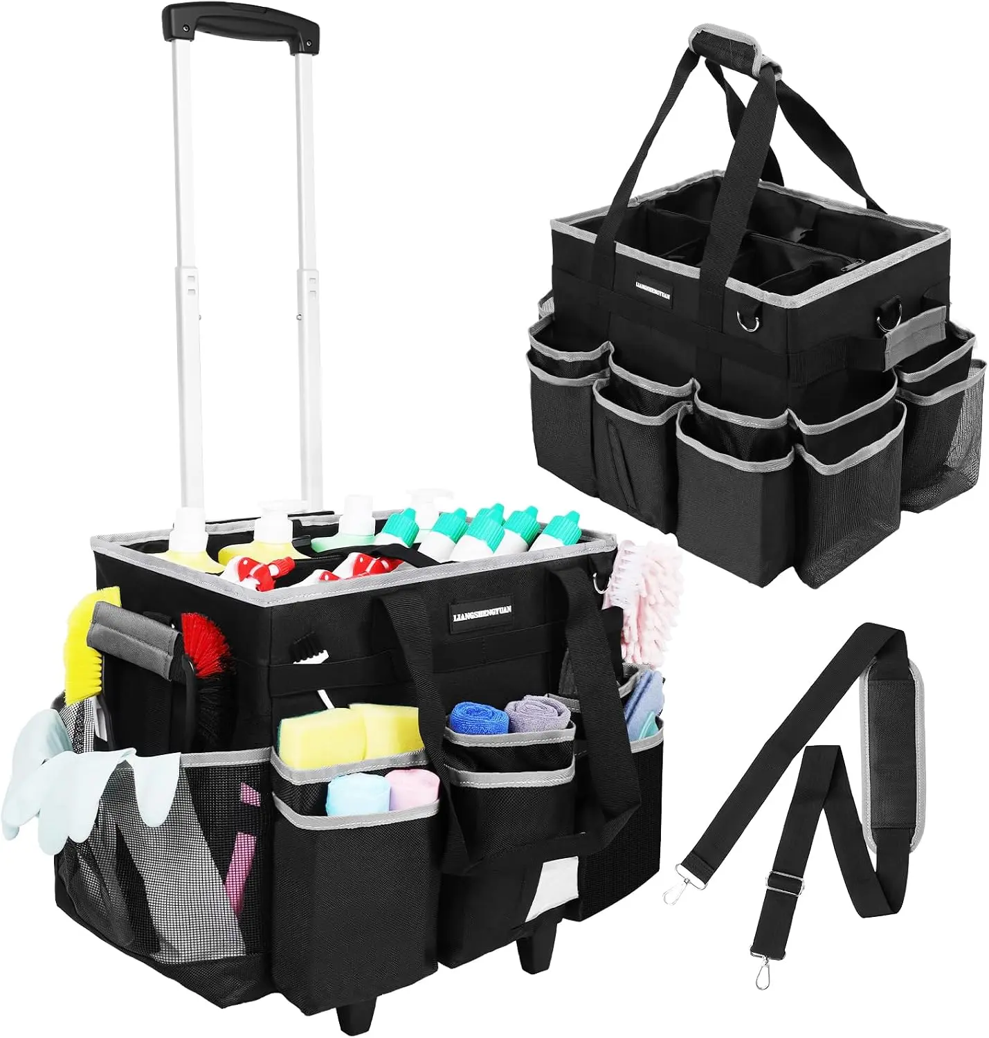 Large Rolling Cleaning Caddy Bag, Cleaning Caddy with Wheels with Detachable Trolley for Housekeepers, Water Resistant Cleaner Supplies Organizer with Wheels for Kitchen, Car, Picnic (Black-Grey)
