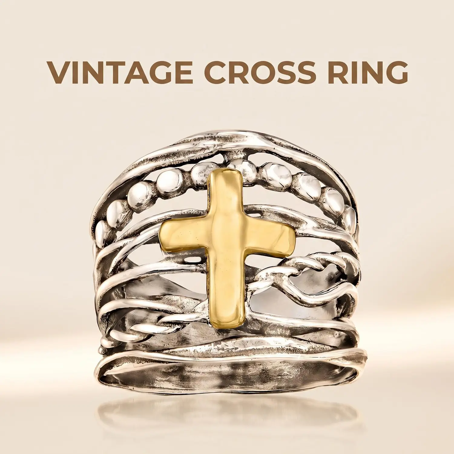 Unisex 2-Tone Oxidized Multi-Layer Band Cross Ring - Vintage Boho Religious Statement Jewelry for Western Festivals, Costume Rings