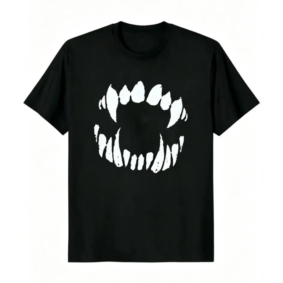 Black Monster Fangs Graphic T-Shirt, 100% Cotton Unisex Tee, Gothic Punk Horror Tees For Men Women