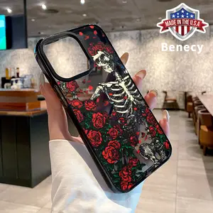 Soft Case for iPhone 16 Pro Max 15 Plus 14 13 12 11 Rose - Adorned Skeleton Anti-Yellowing Shockproof ultra-thin Silicone Crystal Cover