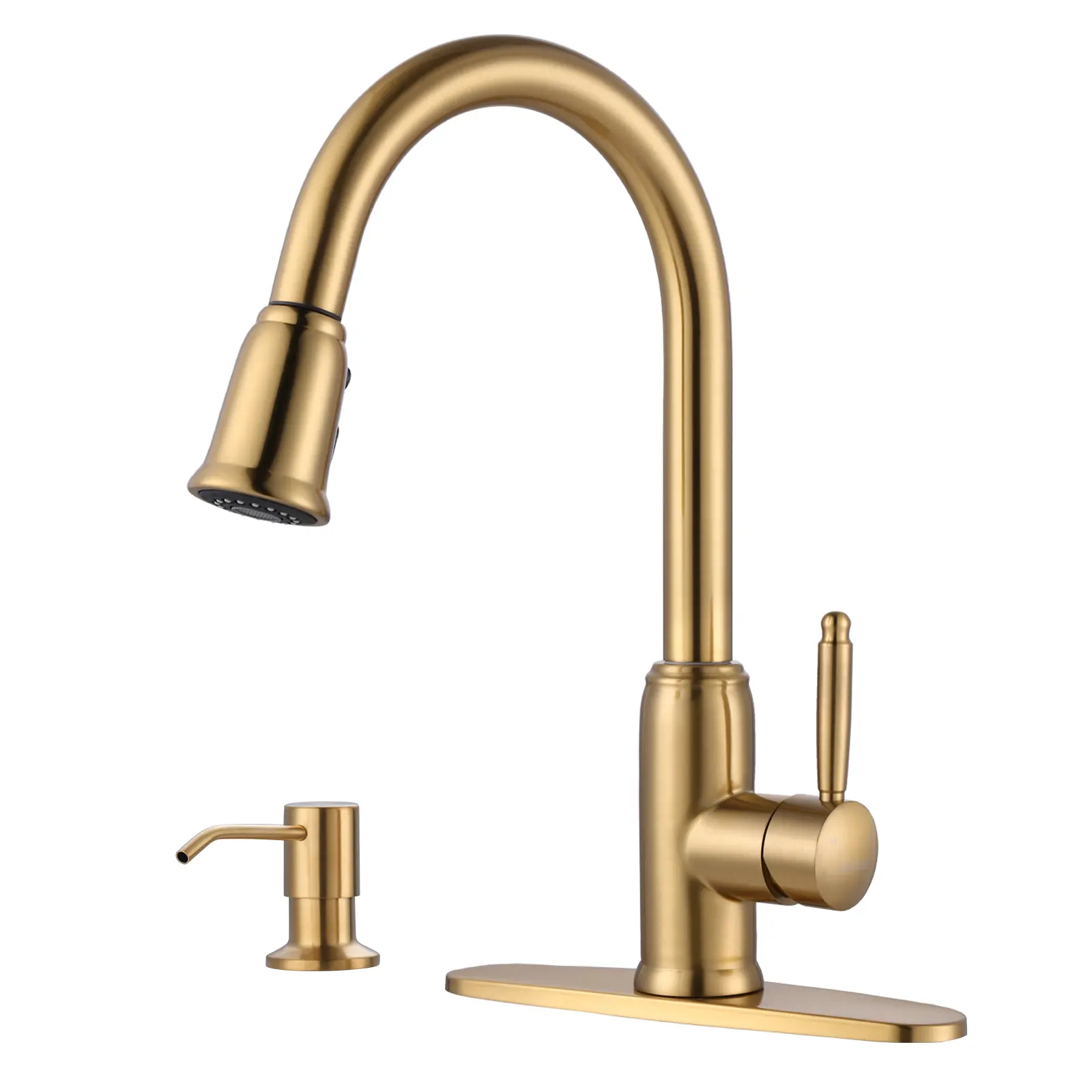 WOWOW Gold Stainless Steel Vintage High-Arc Pull-Down Sprayer Kitchen Faucet - Faucet Sprayer Attachment, Soap Dispenser, Multiple Water Modes, 2/4-Hole Sink Compatible, Water-Saving Tap