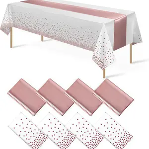 8 Packs White and Rose Gold Disposable Plastic Tablecloths and Satin Table Runner Set, 54 x 108 Inch Tablecloth, 12 x 108 Inch Table Runners for Wedding Graduation Birthday Baby Shower