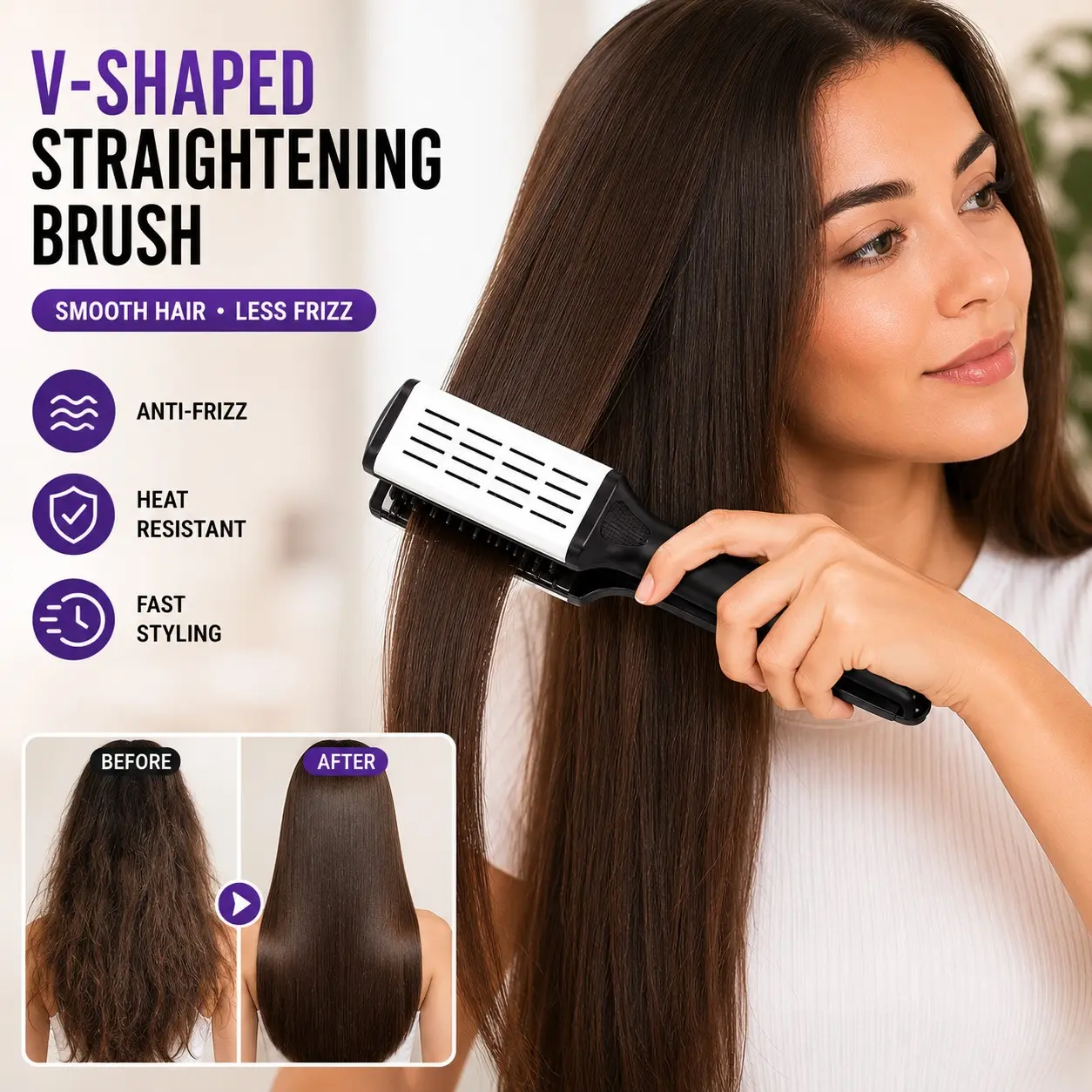 Hair Smoothing Brush V-Shaped Straightening Comb, Double-Sided Hair Taming Tool for Thick Curly Wavy Hair, Reduce Frizz & Flyaways, Anti Frizz Brush, Heat-Resistant Blow Dry Styling Brush, Easy Daily Hair Care Comb for Women Men Salon Home Use