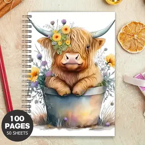 Highland Cow Design Spiral Notebook Journal Diaries, 1 Count Cute Flower Pattern, Personal Planning and Life Record Book, Suitable for Gifting