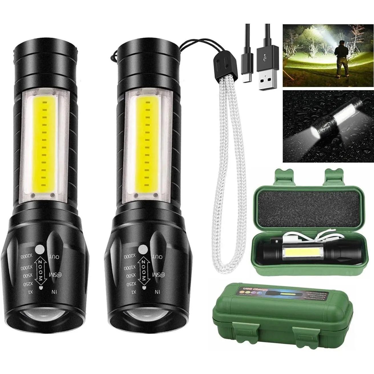 Led Flashlight Rechargeable USB Torch Mini Small Light Super Bright Handheld Tiny Portable Pocket Flash Light with COB Side Searchlight High Lumens Zoomable Emergency Camping Accessories 2 Pack