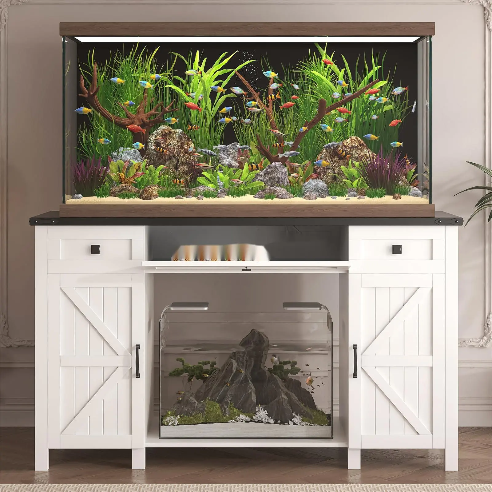 Aquarium Stand White Farmhouse Design Rectangle - 55-75 Gal, 53.5in×19.7in (50-100 cm) Tabletop, Charging Station, 1 Drawer, 2 Doors, Hidden Compartment, Sturdy 900 lbs Heavy Duty Indoor Cabinet with Adjustable Shelf (Above 25 kg) for Fish Tank Owners, Ye