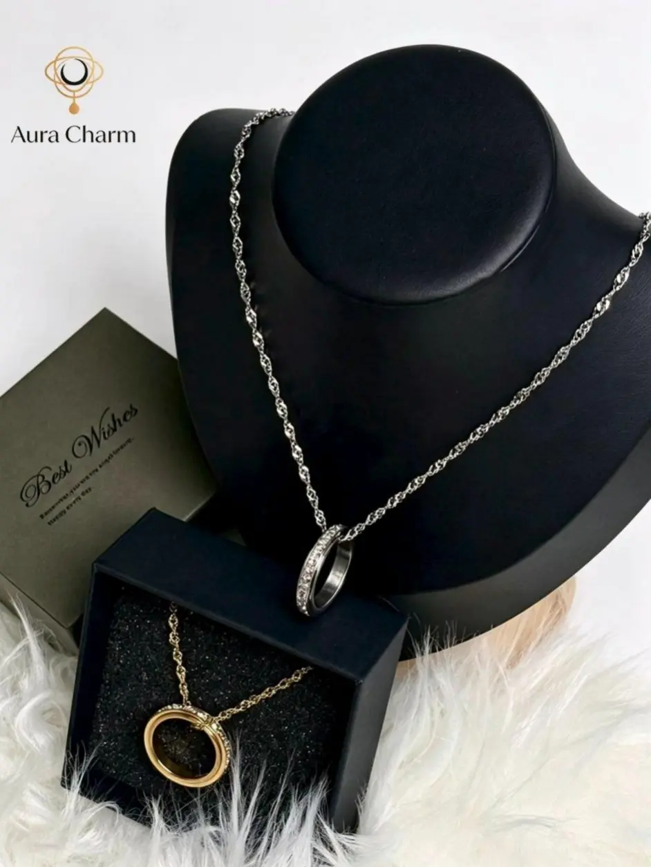 Spinner Ring and Necklace Set, Unisex 2-Tone Anxiety Jewelry with Cubic Zirconia, Detachable Fidget Design with Silent Spin for Daily Casual Wear, Daily Use, Plain Look, Round Ring