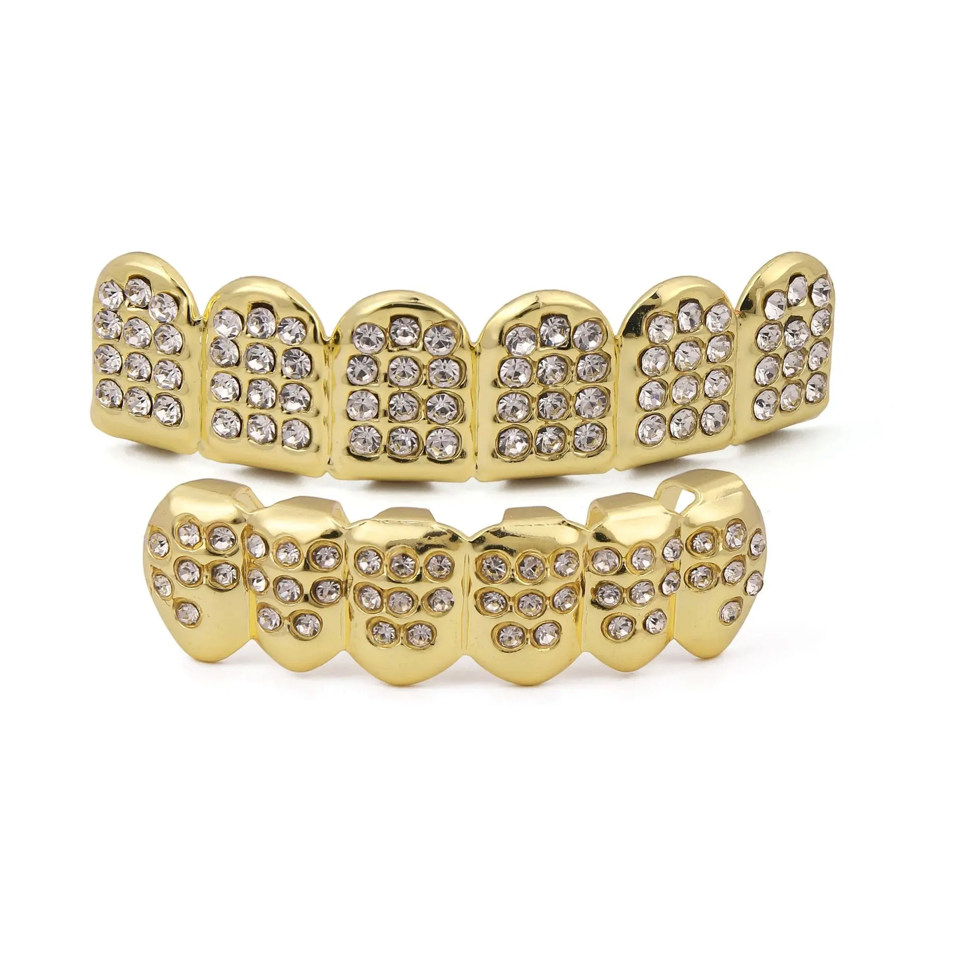 Hip Hop Teeth Grillz, Gold-Plated Full-Drill Inlay Top & Bottom 6 Tooth Set, Lightweight 7g Copper Alloy Mouth Jewelry with Silicone Wax Bar, Full-Drill Inlay Design, Easy Install, Six Tooth, Hip-Hop Gold Grills