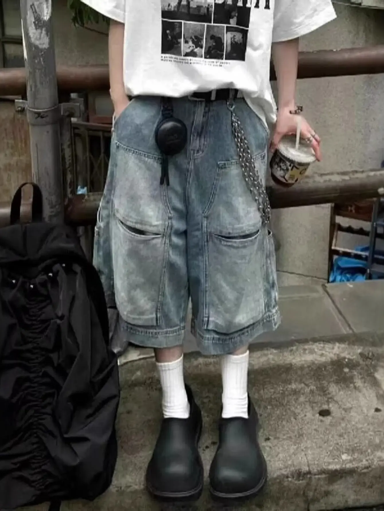 Mens Light Blue Washed Cargo Denim Culottes Loose Fit Multi-Pocket Streetwear American Streetwear Style Cargo Denim Culottes for Men with Washed Finish