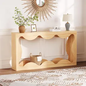 Garvee 63" Rustic Scalloped Entryway Console Table, Narrow Wood Sofa Table with Storage, Perfect for Living Room, Hallway, Behind Couch, Available in Natural and Brown Finishes