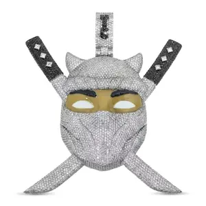 ②④Iced Out 3 Inches Ninja Mask & Pulalble Dual Swords Pendant