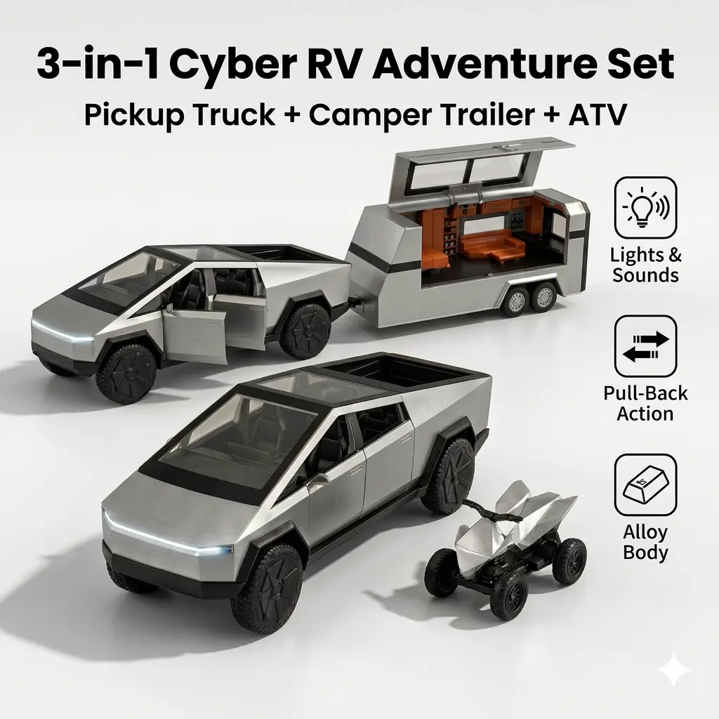 Alloy Diecast Toy RV with Mars Pickup Trailer for Boys - Car Trailer Model with Sound, Lights, Pull Back Feature, Truck and Trailer Toys for Boys, Ideal Gift for Kids and Adults Black Silver