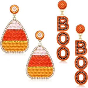 2 Pairs Halloween Earrings Cute Orange Pumpkin Spooky Black   Hat Dangle Earrings Fun Candy Corn BOO Beaded Drop Dangling Earrings Holiday  Gifts for Women Girls Halloween Costume Party