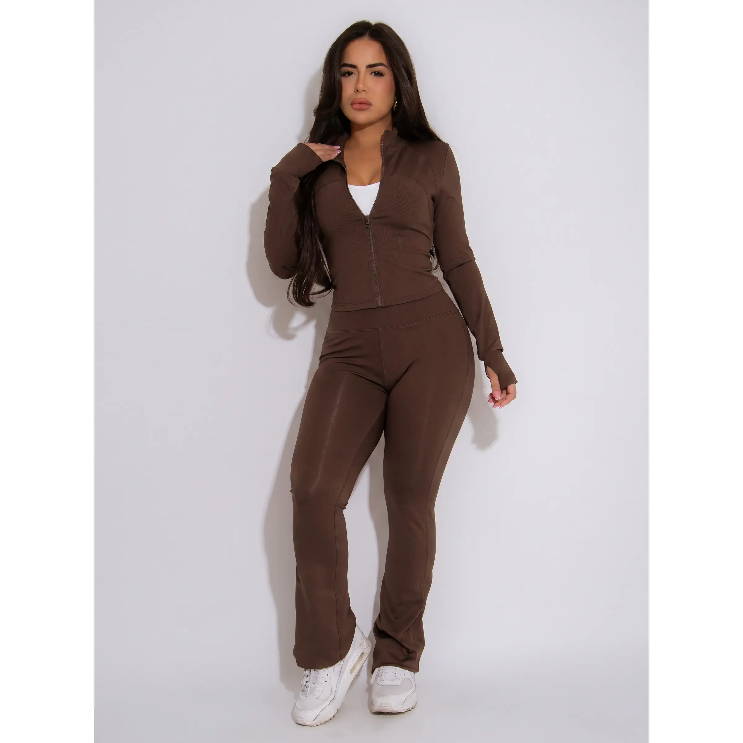 USBoutiqueCHIC Women’s Zip Up Thumb Hole Cropped Jacket & High Waist Flared Leggings Two Piece Athleisure Set | Soft Sculpting Active Tracksuit