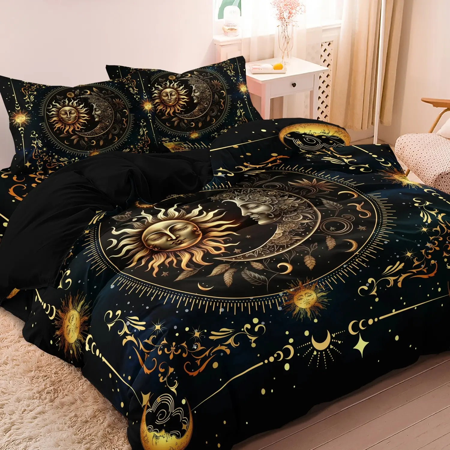 3-Piece Moon & Sun Print Decorative Bedding Set (1 Fitted Sheet + 2 Pillowcases), Polyester Fiber 90g, Home Bedroom Decoration Supplies