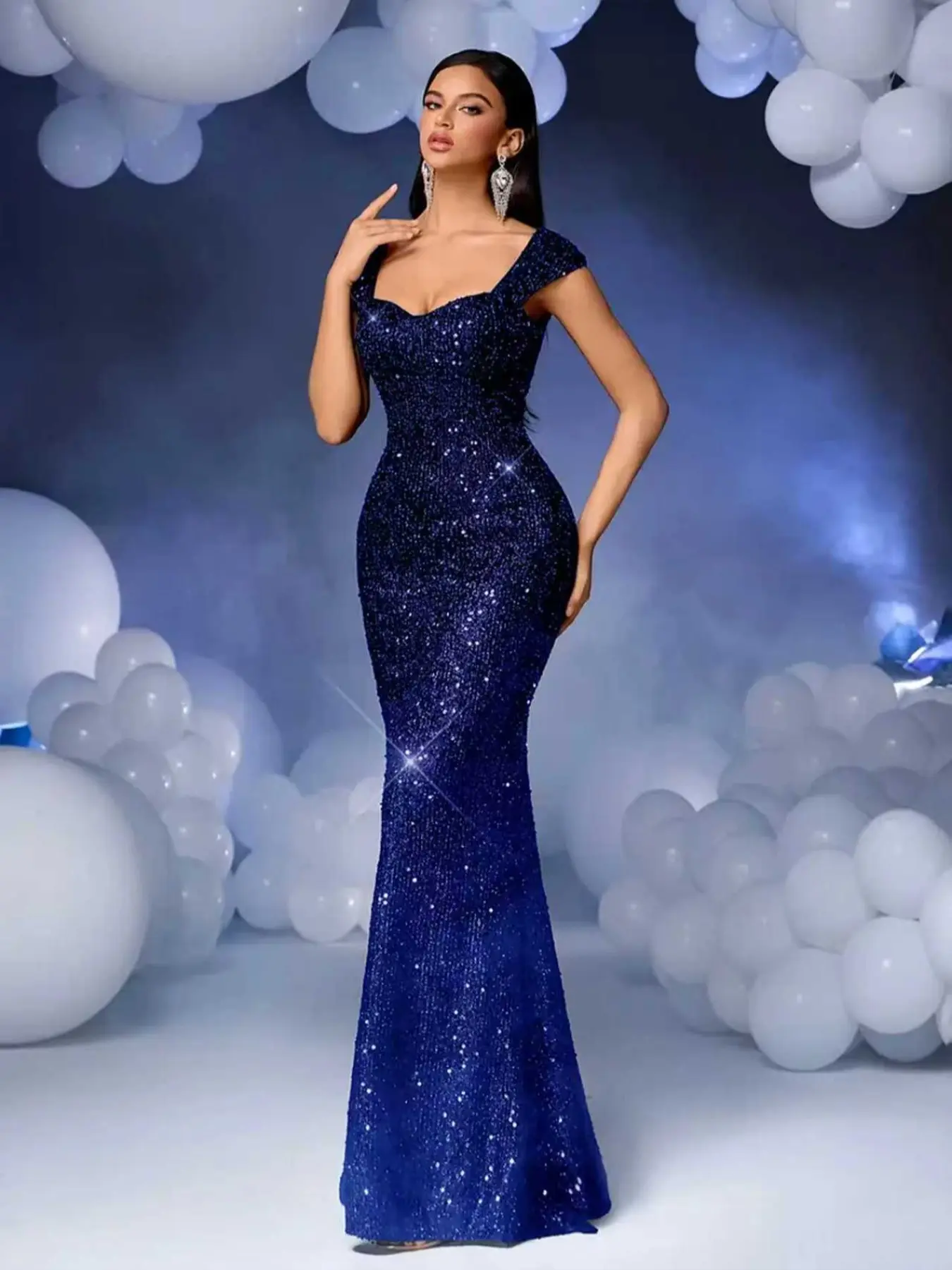Women's Elegant Feminine Blue Mermaid Evening Prom Dress, Off-Shoulder Long Formal Gown, Chic Perfect for Parties & Weddings, Spring Summer Fall Wear, Elegant Formal Style