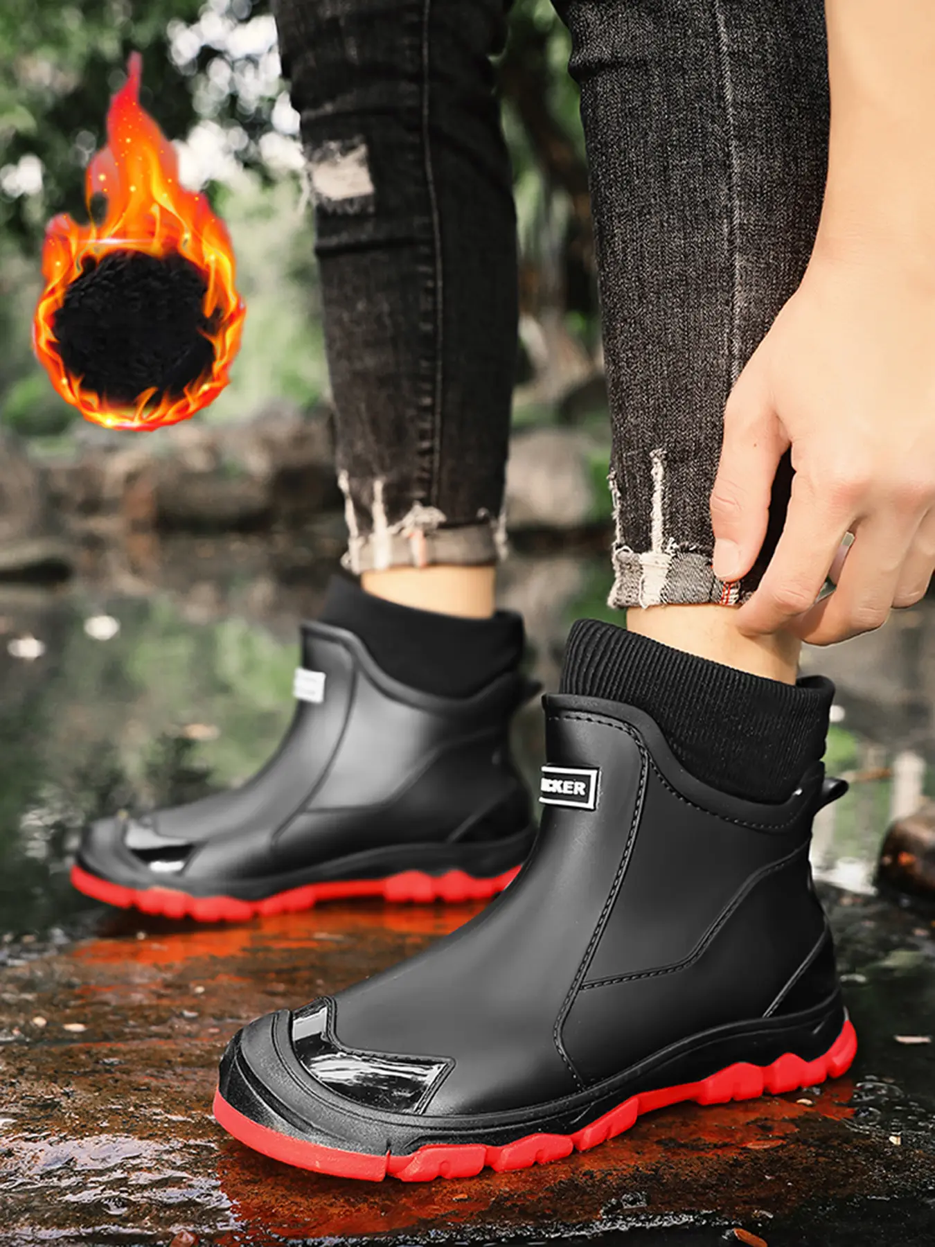 Fashion Couple Winter Fleece Closed Rain Boots Work Ankle Boots, Large Size Lightweight Anti-Slip Design, Outdoor Fishing Kitchen Activities All-Season Equipment, Casual Warm Boots