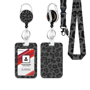 Teacher ID Badge Holder Set with Lanyard and Card Case, Rotatable Clip, Durable Keychain, Removable Vertical Name Tag, Badge Reels Retractable, Leopard Print