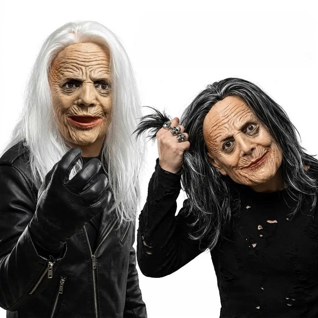 Creepy Realistic Latex Halloween Costume Mask - Elderly Black-Eyed Granny Full Face Headgear with Long Hair, Comfortable Fit for Bonfire Pranks, Party Photo Prop Festive Accessory for Halloween Costumes, Accessories