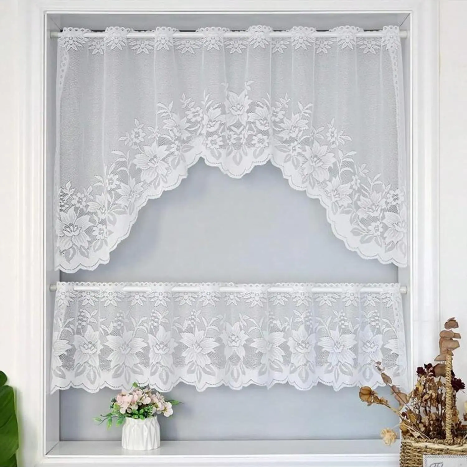 Flower Embroidery Lace Curtain Valance, Valances for Windows, 2 Counts/set Short Curtain, Window Curtain for Home Living Room Bedroom Decor Home Decoration Curtain, Interior Decoration Accessories