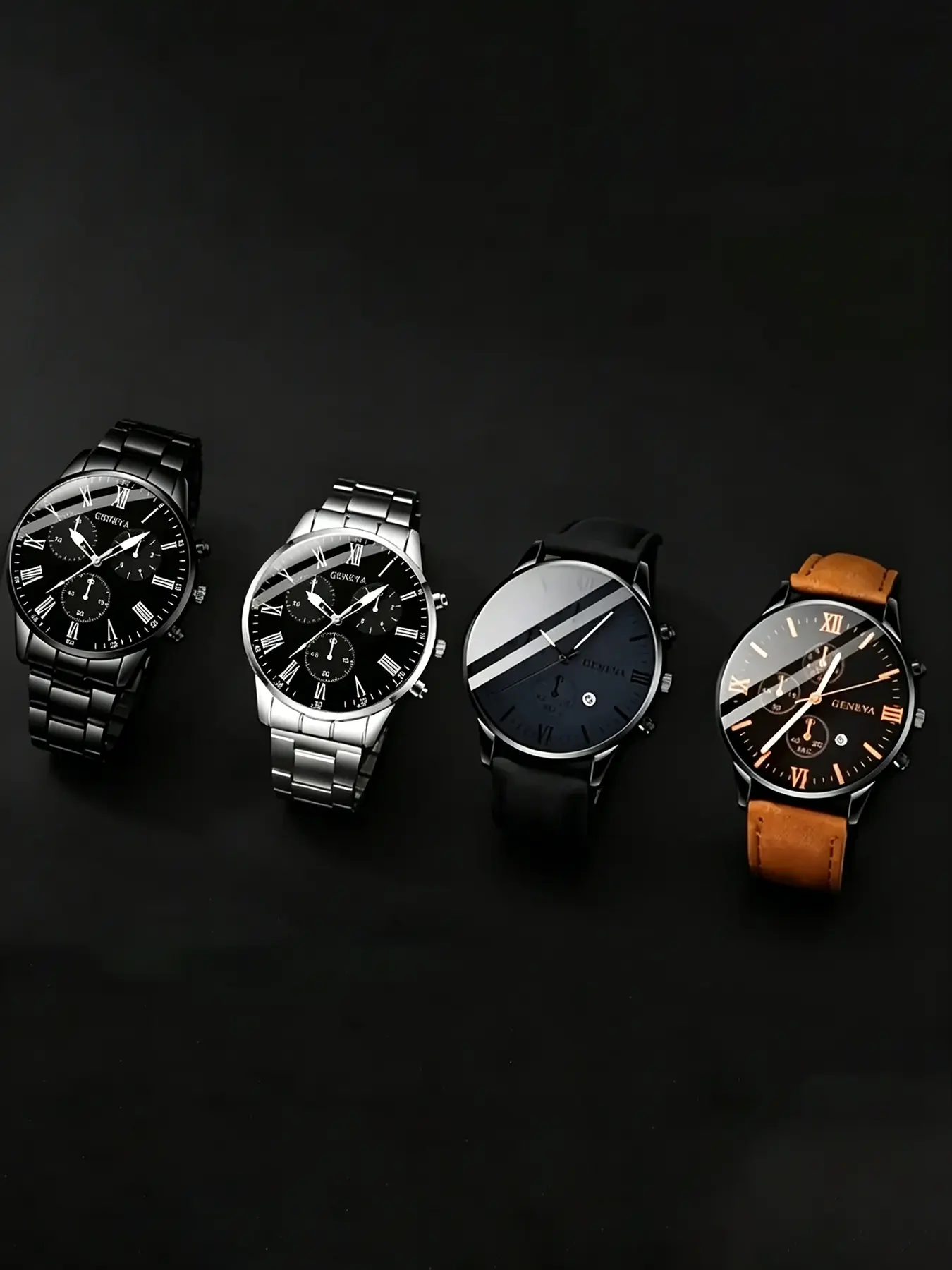 4-piece men's fashion watch set, Fashionable Watches, Analog Quartz Watches, quartz sport, round zinc alloy case, imitation belt and alloy belt, battery powered, suitable for Valentine's Day, birthdays, Christmas, Quartz Analog Watch, Wristwatch