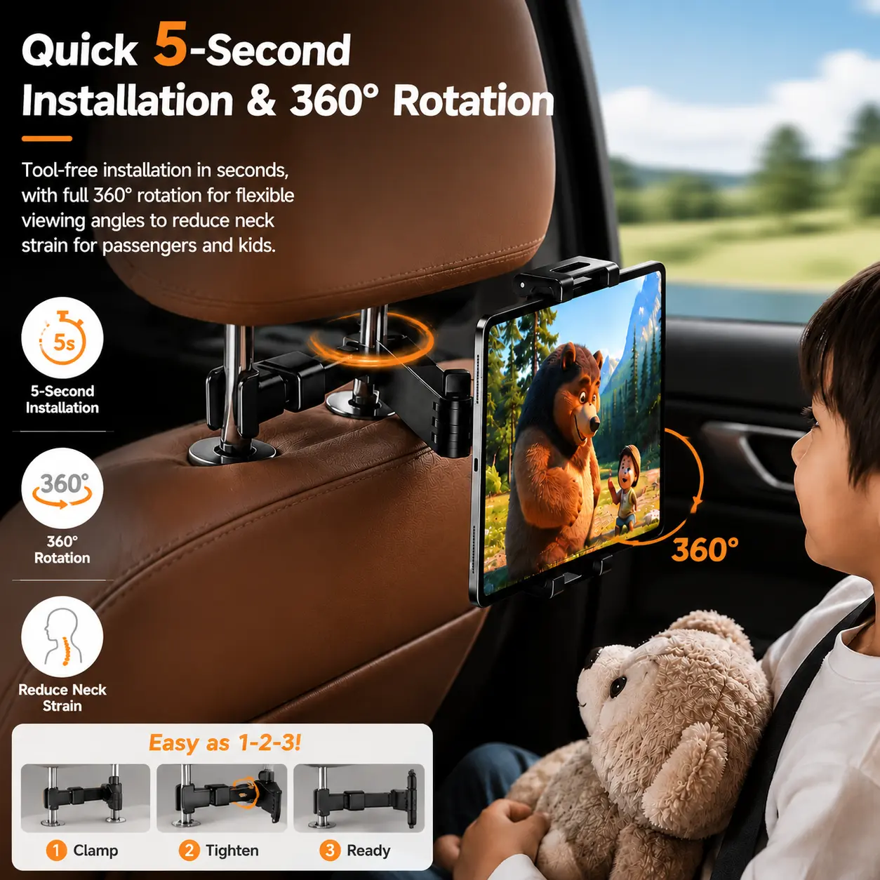 Car Headrest Tablet Holder - 1 Pack 360° Rotatable Adjustable Mount, Fits 5.3"-12.9" iPads & Phones, Upgraded Design, Road Trips Essentials (Black)
